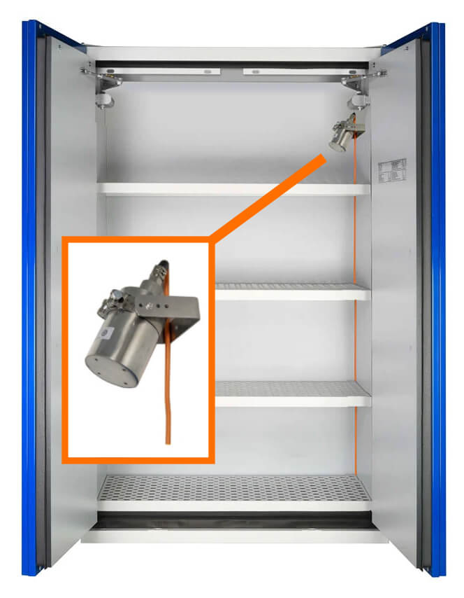 Open safety cabinet with highlighted accessory